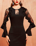 Black Lace-Panel Ruffle-Sleeve Bodycon Dress - DESIGNER INSPIRED FASHIONS