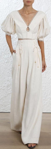 Cream Linen Top and High Waist Pant Set