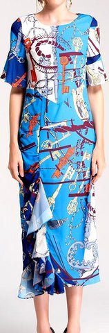Ruffle-Contrast Printed Midi Dress, Blue