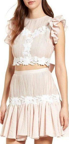 Floral-Embroidered Pleated Ruffle Crop Top and Skirt Set