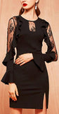 Black Lace-Panel Ruffle-Sleeve Bodycon Dress - DESIGNER INSPIRED FASHIONS