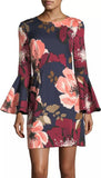 Floral-Print Bell-Sleeve Faille Day Dress