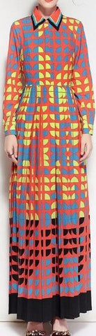 Geometric Print Long-Sleeve Maxi Dress
