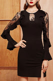 Black Lace-Panel Ruffle-Sleeve Bodycon Dress - DESIGNER INSPIRED FASHIONS