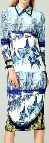 Printed Long-Sleeve Blouse and Skirt Set