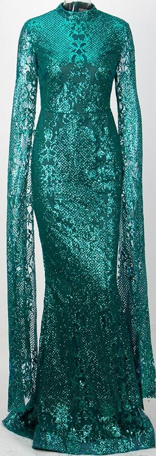 Emerald Green Long-Sleeve Glitter Gown