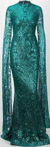 Emerald Green Long-Sleeve Glitter Gown