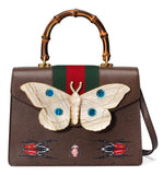 Leather Top Handle Bag with Moth, Brown
