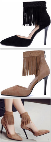 Suede Fringed-Ankle Pumps in Black or Tan - DESIGNER INSPIRED FASHIONS