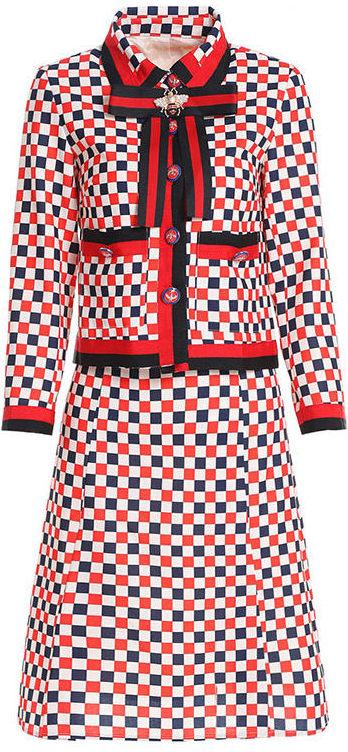 Checkered Web Trim Jacket and Skirt Set