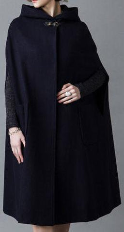 Long Hooded Wool Cape Coat in Deep Blue - DESIGNER INSPIRED FASHIONS