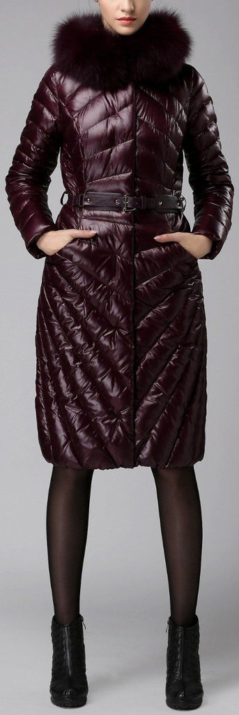 Paneled Puffer Coat with Removable Fur, Burgundy