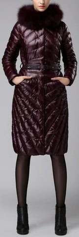 Paneled Puffer Coat with Removable Fur, Burgundy