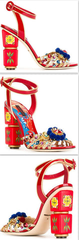 Embellished Red Painted Sandals - DESIGNER INSPIRED FASHIONS