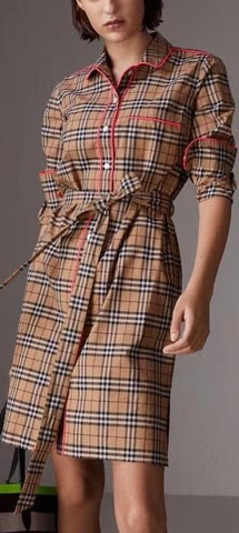Contrast Piping Check Cotton Shirt Dress