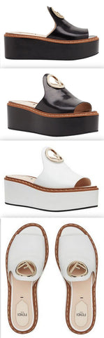 Logo Leather Wedge Sandals - Black or White