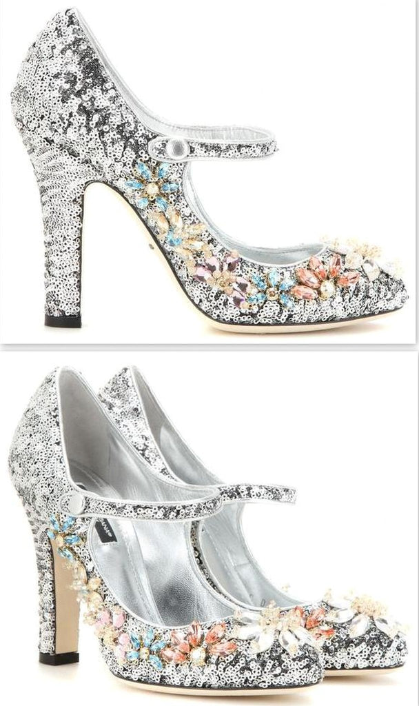 Silver Embellished Mary Jane Court Shoes - DESIGNER INSPIRED FASHIONS