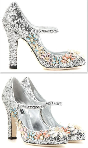 Silver Embellished Mary Jane Court Shoes - DESIGNER INSPIRED FASHIONS