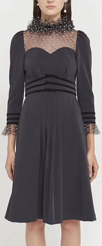 'Lucille' French Dotted Tulle High-Collar Dress in Black
