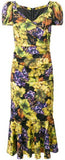 Grape-Print Fluted Midi Dress