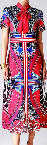 Printed Short-Sleeve Midi Dress with Neck-Tie