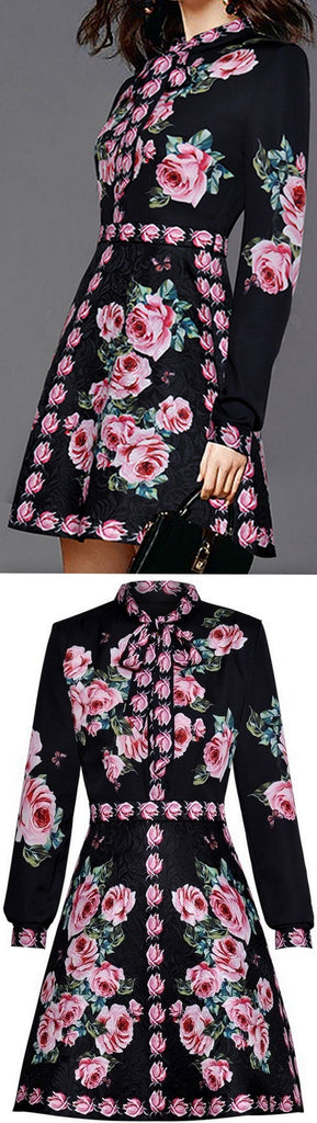 Roses Printed Long-Sleeve Dress