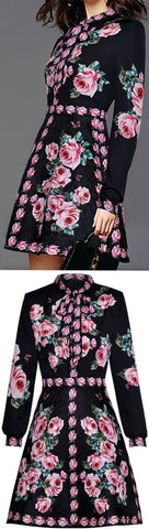 Roses Printed Long-Sleeve Dress