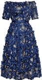 Blue Floral Appliques Off-the-Shoulder Dress