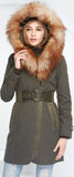 Belted Fox-Fur-Hooded Quilted Coat, Military Green