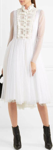 Ruffled Lace-Paneled Polka-Dot Tulle Midi Dress
