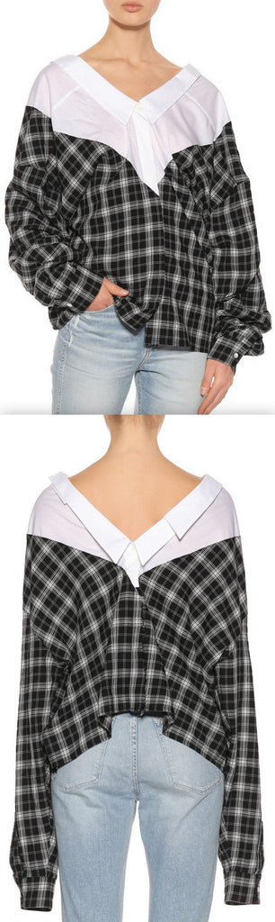 Paneled Checked Cotton Poplin Shirt