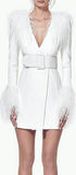 Belted Feather-Trim Blazer-Dress - White or Black