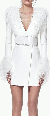 Belted Feather-Trim Blazer-Dress - White or Black