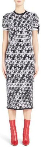 Logo Print Knit Dress, Black and White