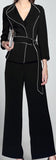 Belted Black Blazer with Contrast Piping and Wide-Leg Pant Set