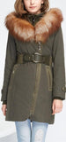 Belted Fox-Fur-Hooded Quilted Coat, Military Green