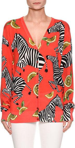 Zebra-Lemon Print V-Neck Button-Front Cardigan