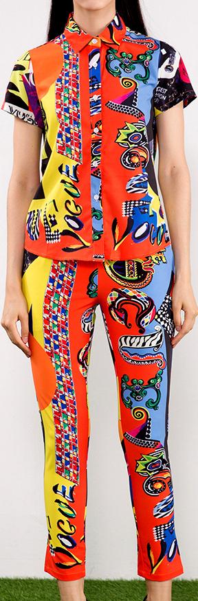 Neon Sign Print Short-Sleeve Shirt and Pant Set