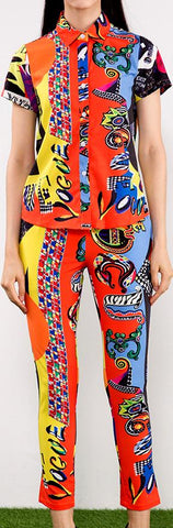 Neon Sign Print Short-Sleeve Shirt and Pant Set