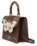 Leather Top Handle Bag with Moth, Brown