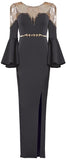 Black Sequin-Embellished Bell-Sleeve Evening Gown