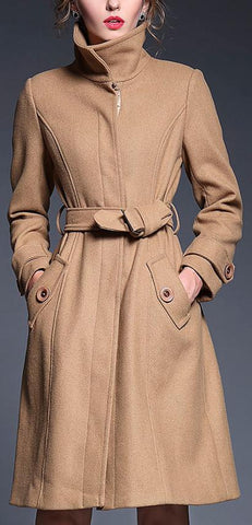 High-Collar Camel Wool Coat - DESIGNER INSPIRED FASHIONS
