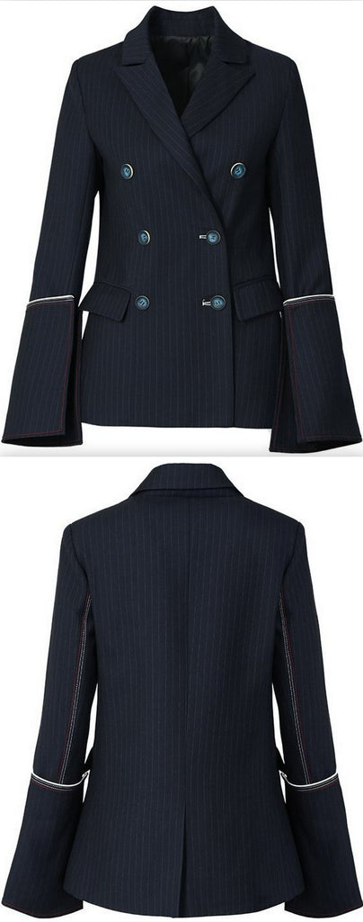 Double-Breasted Pinstripe Flared-Sleeve Blazer
