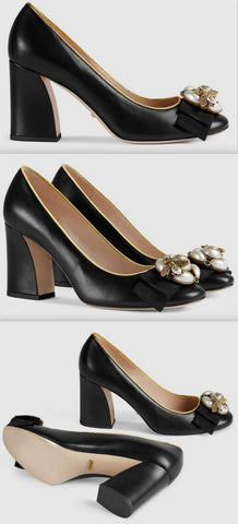 Leather Mid-Heel Pumps with Bee