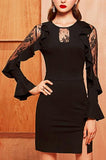 Black Lace-Panel Ruffle-Sleeve Bodycon Dress - DESIGNER INSPIRED FASHIONS
