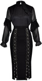 Black Tie-Neck Chiffon Blouse and Embellished Fitted Skirt