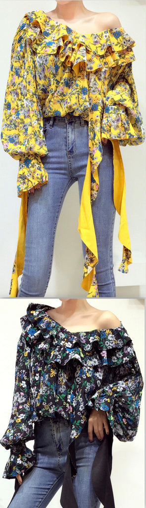 Ruffle Floral Print Top - Yellow or Black