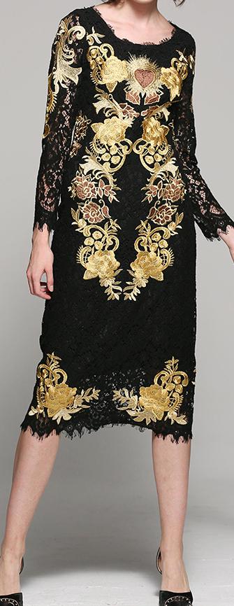 Black & Gold Embroidered Lace Dress