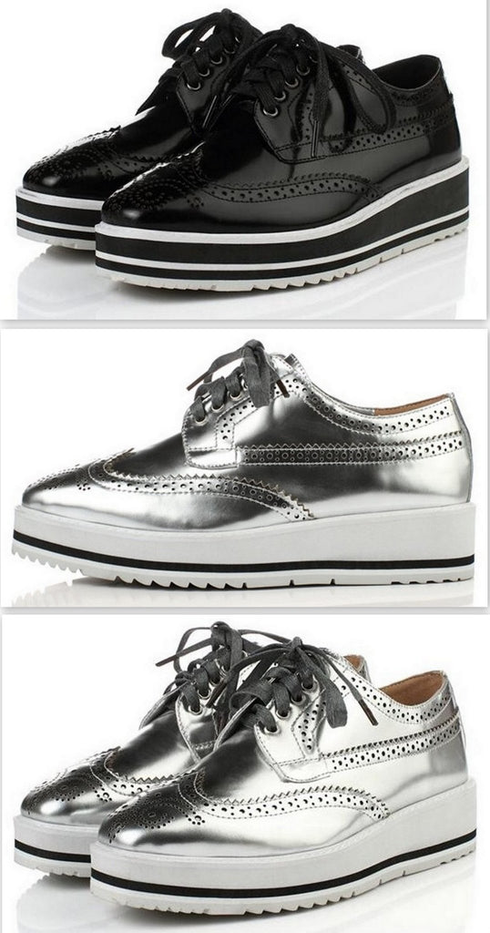 Leather Wedge Platform Oxford Shoes in Black or Silver - DESIGNER INSPIRED FASHIONS
