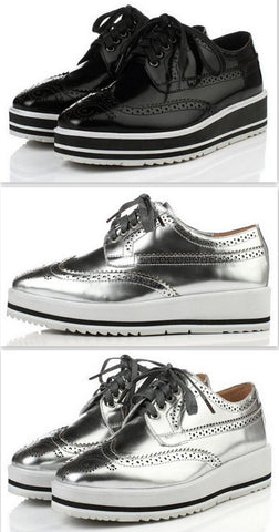 Leather Wedge Platform Oxford Shoes in Black or Silver - DESIGNER INSPIRED FASHIONS